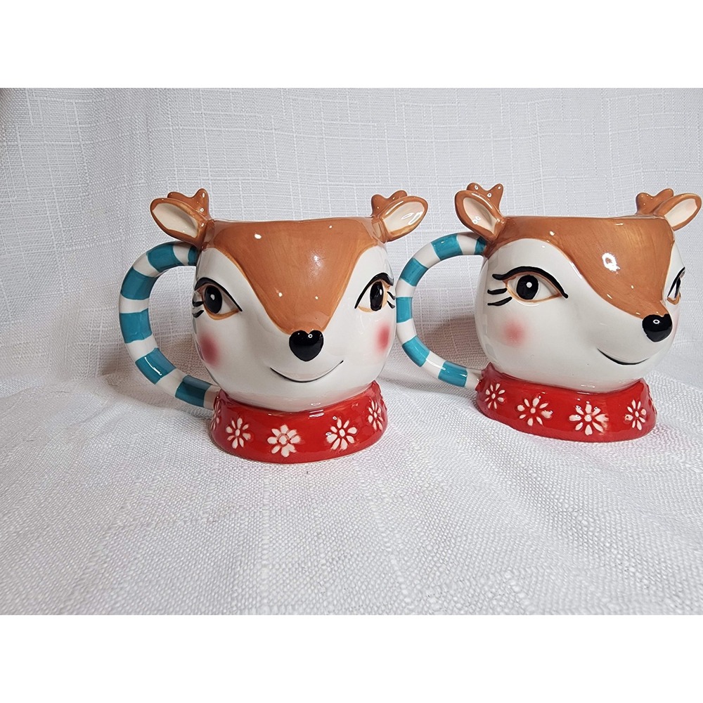 Cracker Barrel Reindeer Mugs Set of 2 Christmas Stoneware Deer Striped Handle